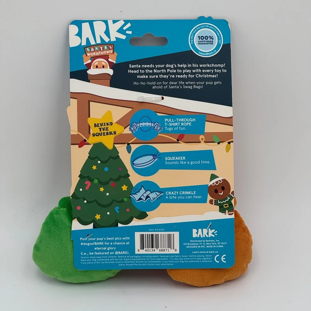 BARK‎ Santa Workchomp Plush Dog Toy Holiday Chew XS-M New
